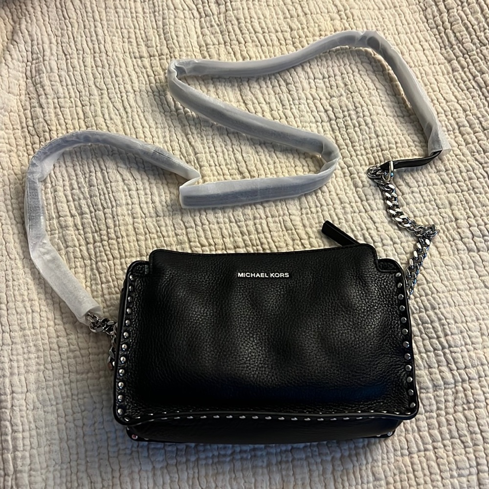 Brand NEW never been used Michael Kors black leather studded Astor messenger bag